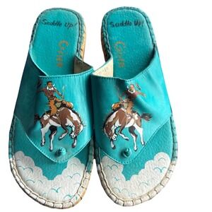 Gina Sandals Leather Western Cowboy Turquoise 6M Vintage Boho Espadrille 4704